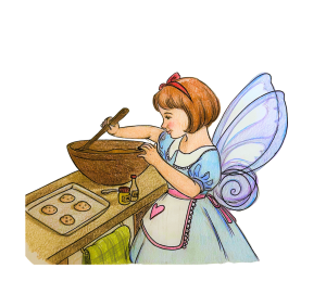 Buttercup is a household fairy who helps with making delicious sweet treats that can brighten anyone’s day. She has luminescent purple wings and a red ribbon in her hair. She is good at finding just the right missing ingredient, a dash of cinnamon, a little zest of lemon. But watch out! She makes the last cookie, or the last muffin, or the last bite of cake disappear!